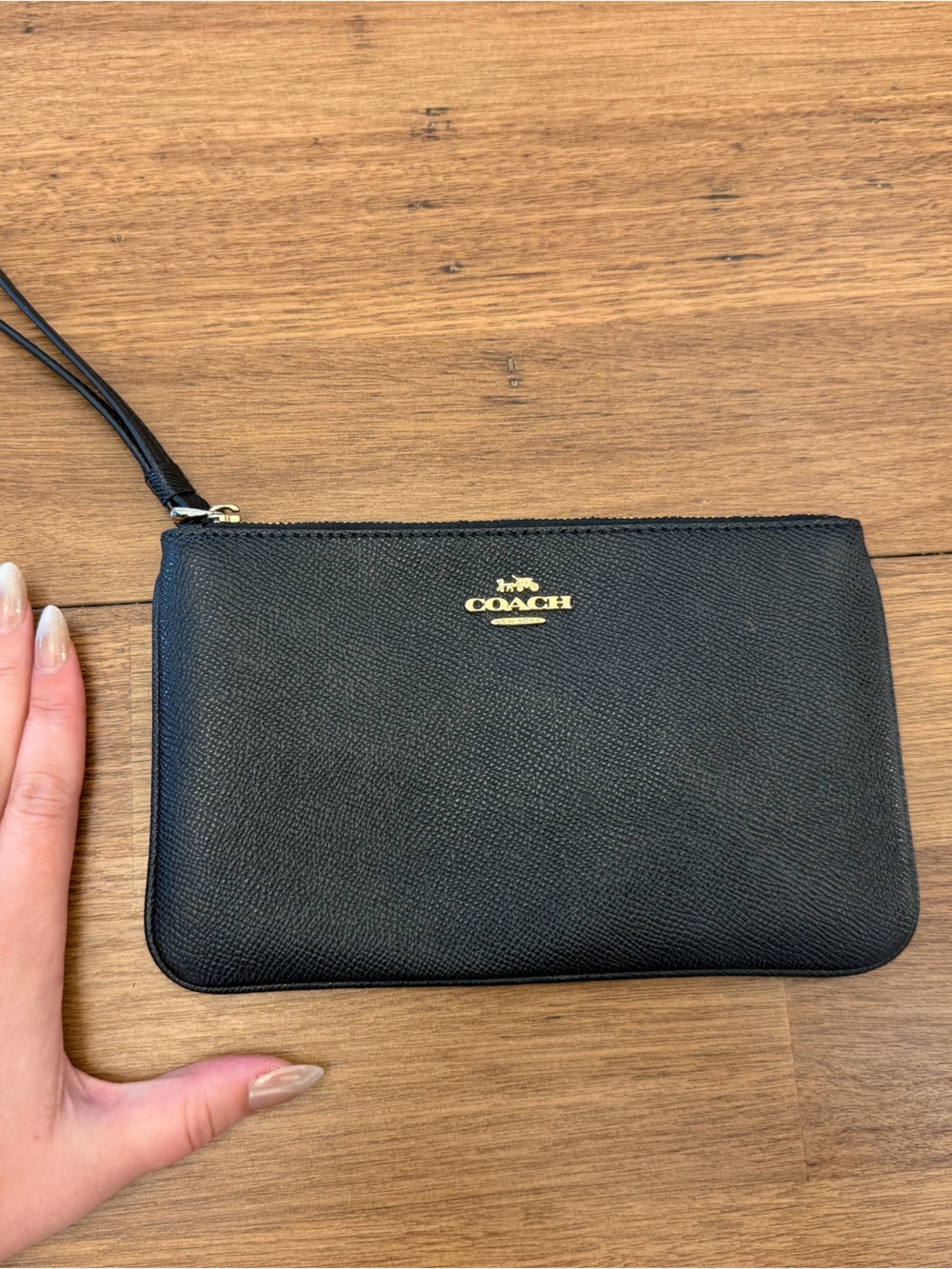 Coach Black Leather Wristlet with Gold Logo